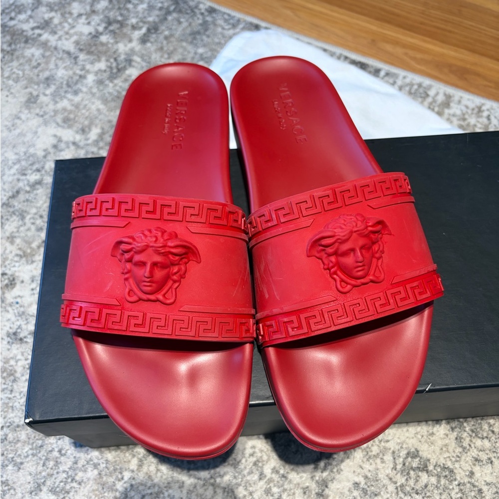 Versace Red Medusa Embossed Slide Sandals